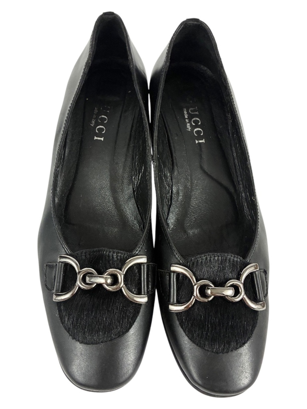 Gucci Horsebit Kitten Heel Loafers 8 Spazzolato Leather Pony Hair Black Pumps